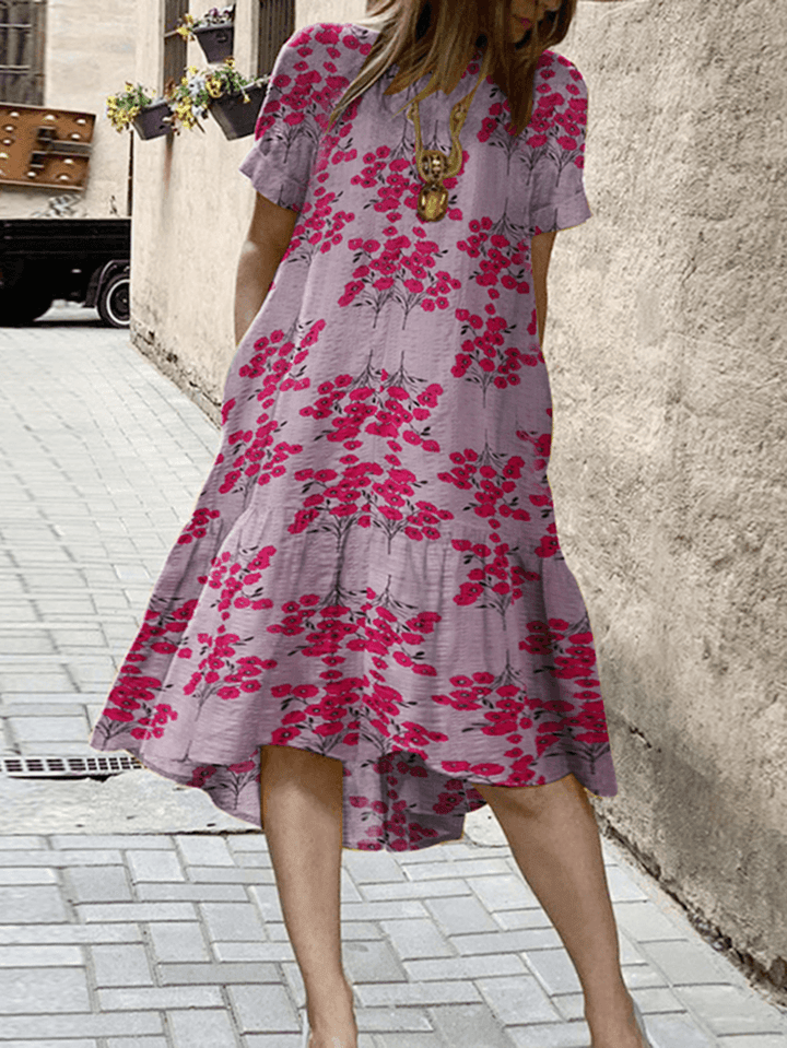 Women Flower Print High Low Hem Casual Short Sleeve Midi Dresses with Pocket - MRSLM