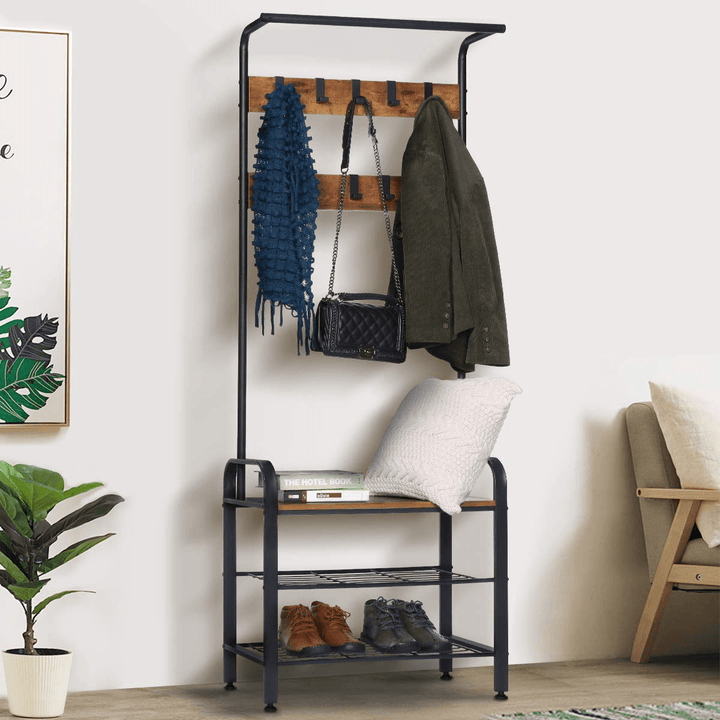 4-In-1 Coat Rack Hall Tree with Shoe Bench for Entryway Easy Assembly All in One Piece Industrial Accent Furniture with Steel Frame