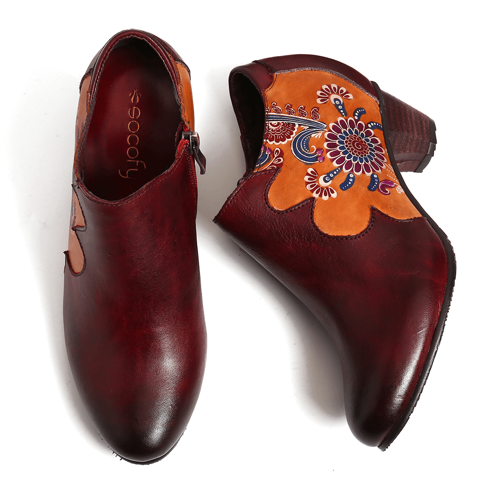 Women Hand Painted Flowers Stitching Leather Zipper Pumps