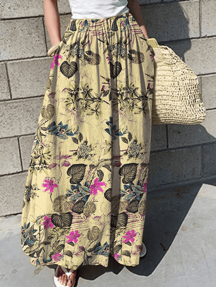 Women Floral Print Elastic Waist Pleated Casual Wide Leg Pants with Pocket