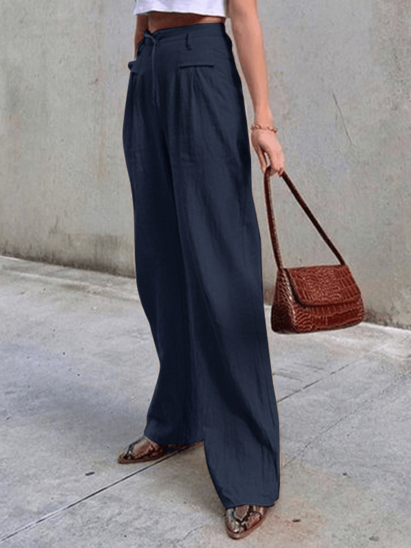 Women Zipper High Waist Wide Leg Pants Solid Color Casual Trousers with Pocket