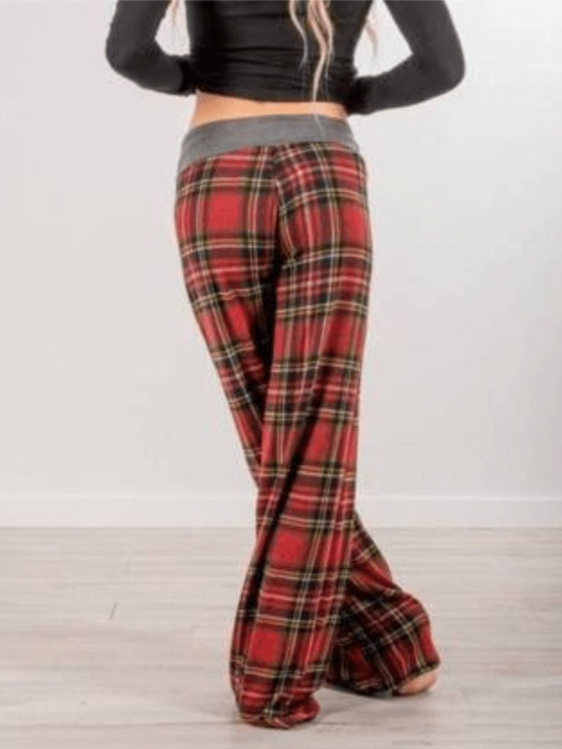 Women Plaid Print Casual Loose High Waist Wide Leg Pants