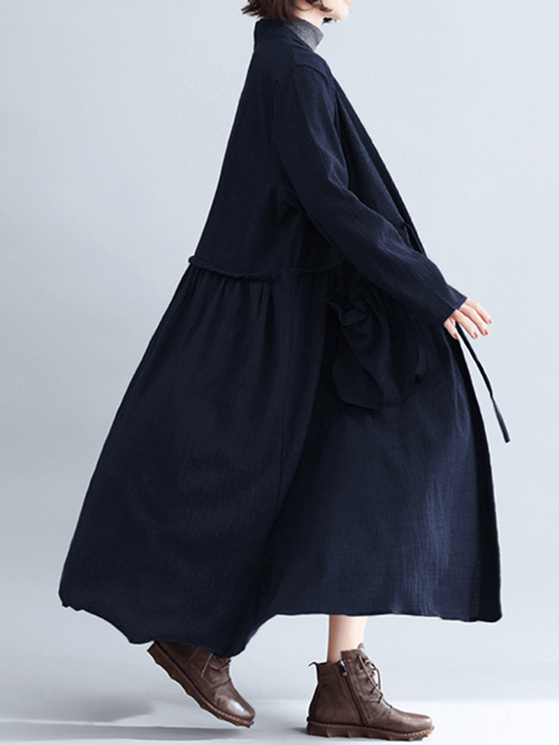 Women Pure Color Cotton Loose Long Sleeve Pockets Trench