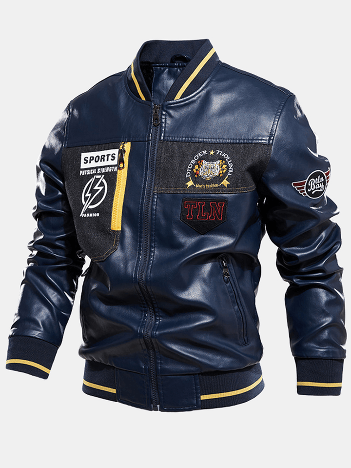 Mens Graphics Embroidery Baseball Collar PU Leather Jacket