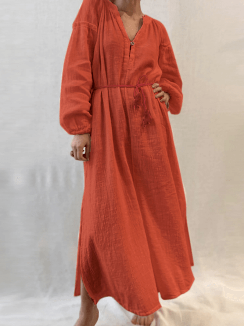 Solid Color O-Neck Puff Sleeves Lace up Split Hem Button Belted Casual Maxi Dress - MRSLM