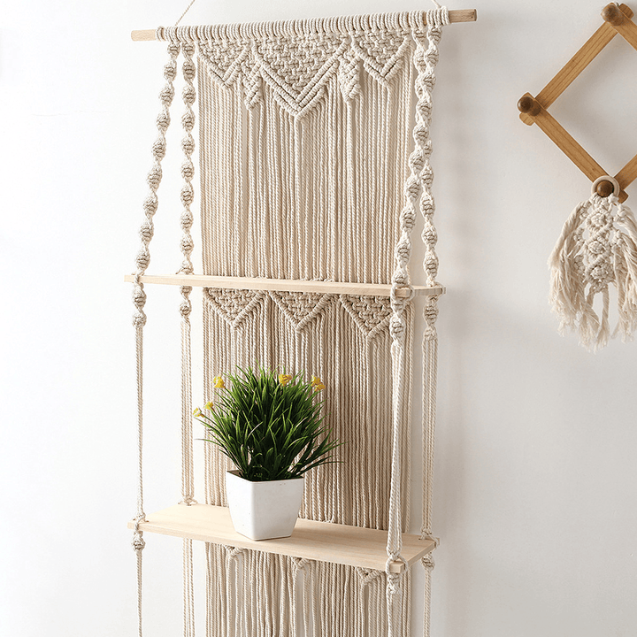 3-Tier Bohemia Macrame Woven Wood Mount Shelf Tapestry Tassel Wall Hanging Bookshelf for Home Decor