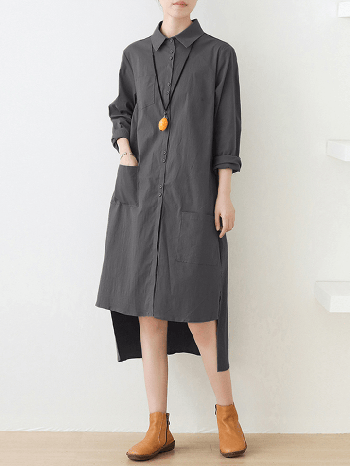 Women Solid Color Button Pocket Lapel Collar High-Low Hem Long Sleeve Shirt Dress