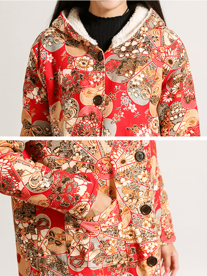 Floral Print Single Breasted Long Sleeve Hooded Coats for Women