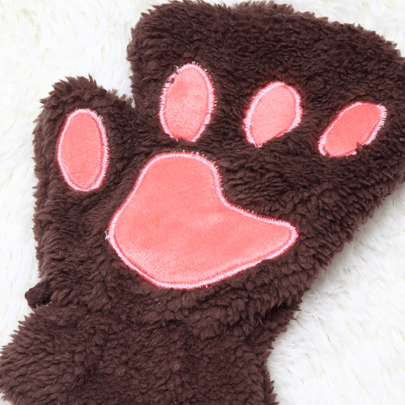 Women Girls Fluffy Plush Bear Cat Paw Fingerless Gloves Paw Glove Winter Warm Mittens