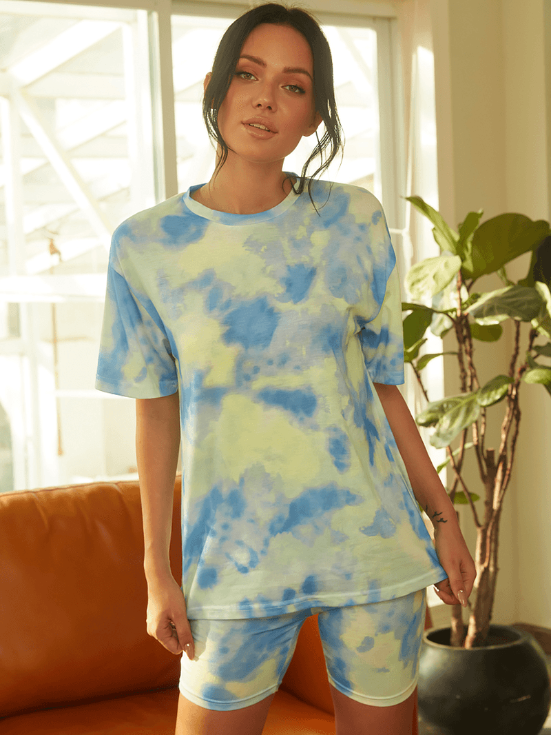 Tie Dye Print Women Summer Sports Two-Piece Top Casual T-Shirts