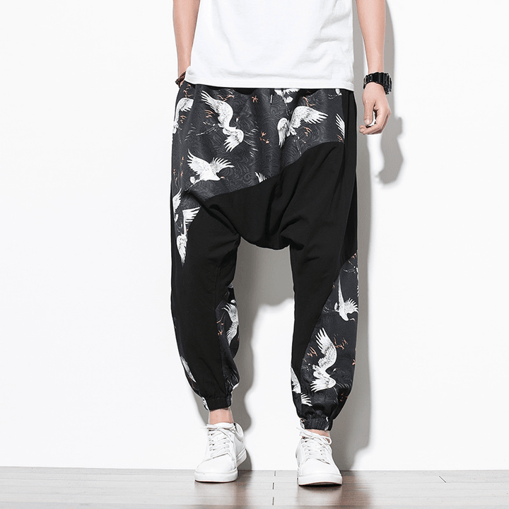 Chinese Style Crane Print Big Crotch Cotton and Linen Casual Pants