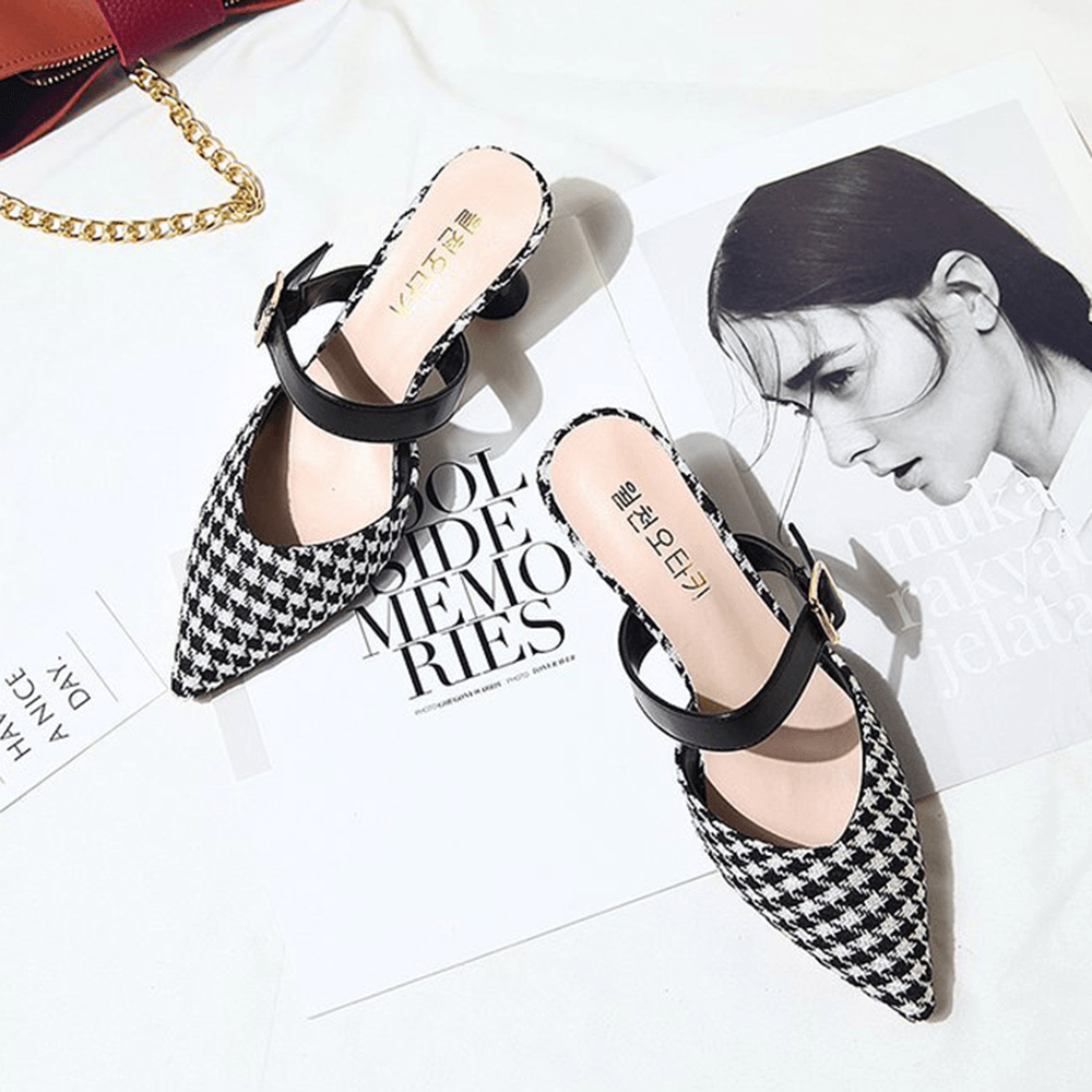 Women Retro Elegant Lattice Pattern Pointed Toe Backless Cone Heel Shoes