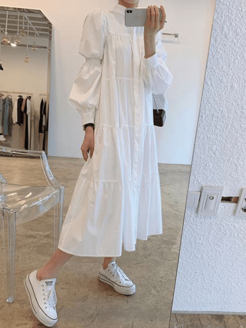 Women Solid Tiered Stand Collar Pleats Puff Sleeve Casual Shirt Midi Dresses