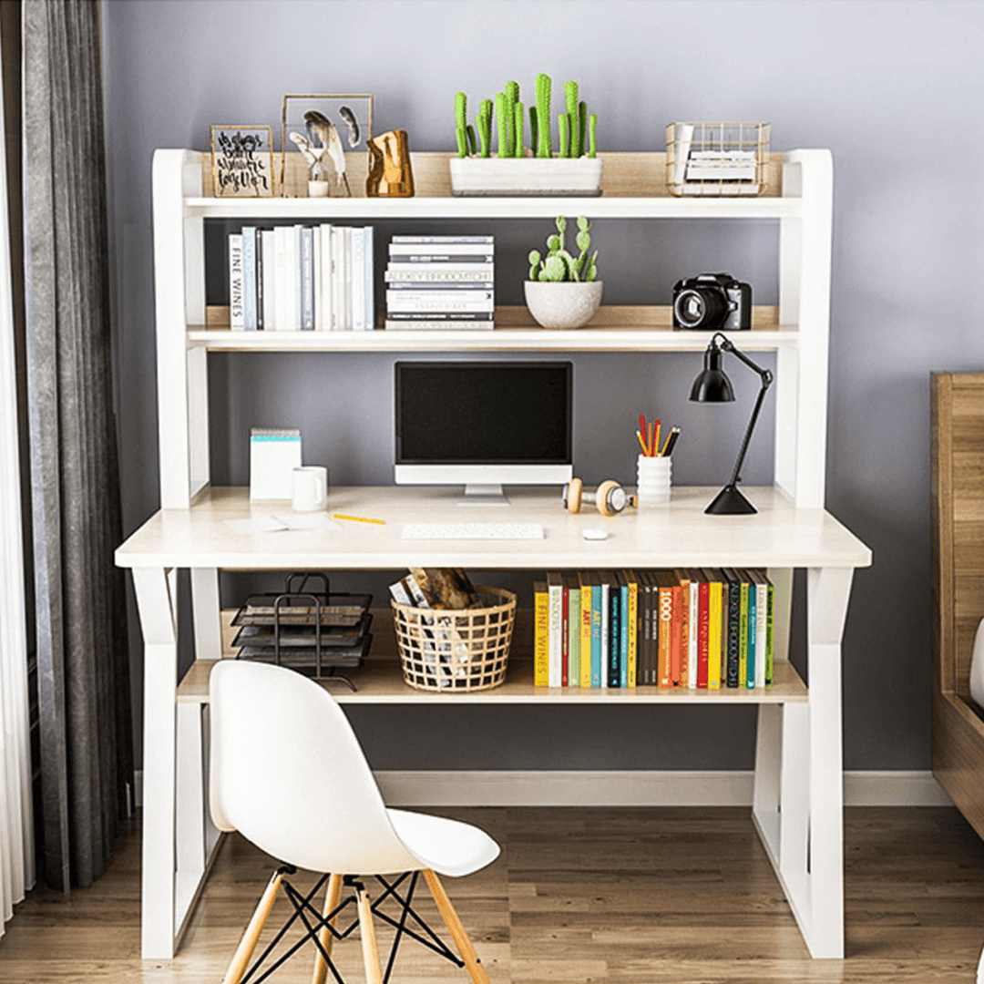 1/2 Tiers Computer Desk Bookshelf Modern Writing Study Desk with Storage Shelf Space Saving Desktop Organizer Workstation for Home Office