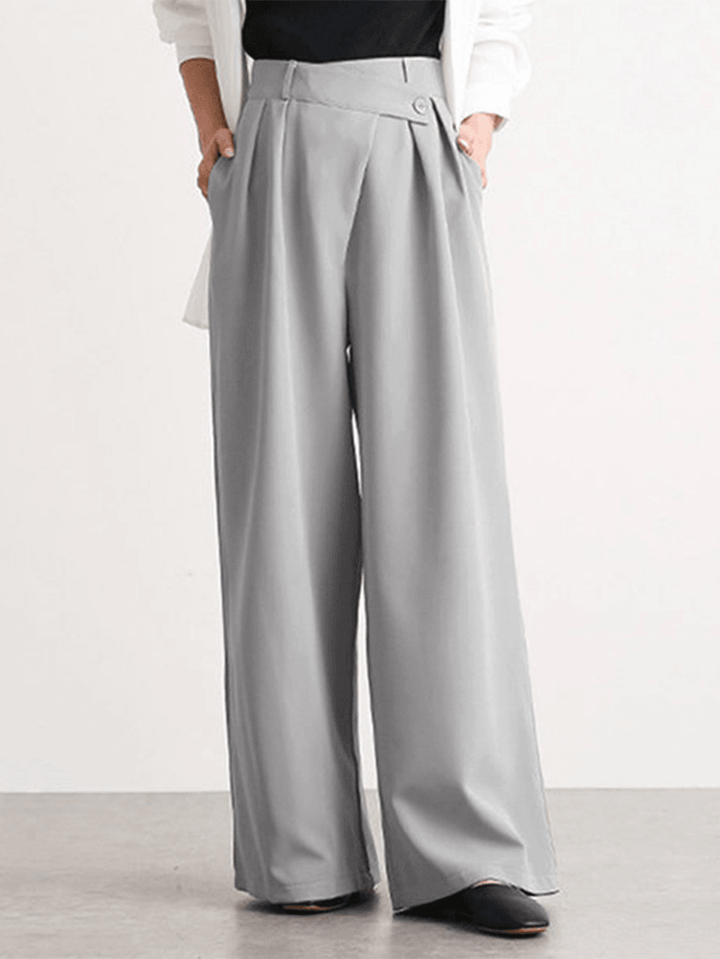 Women Casual Work Cross Button Design Wide Leg Pants - MRSLM