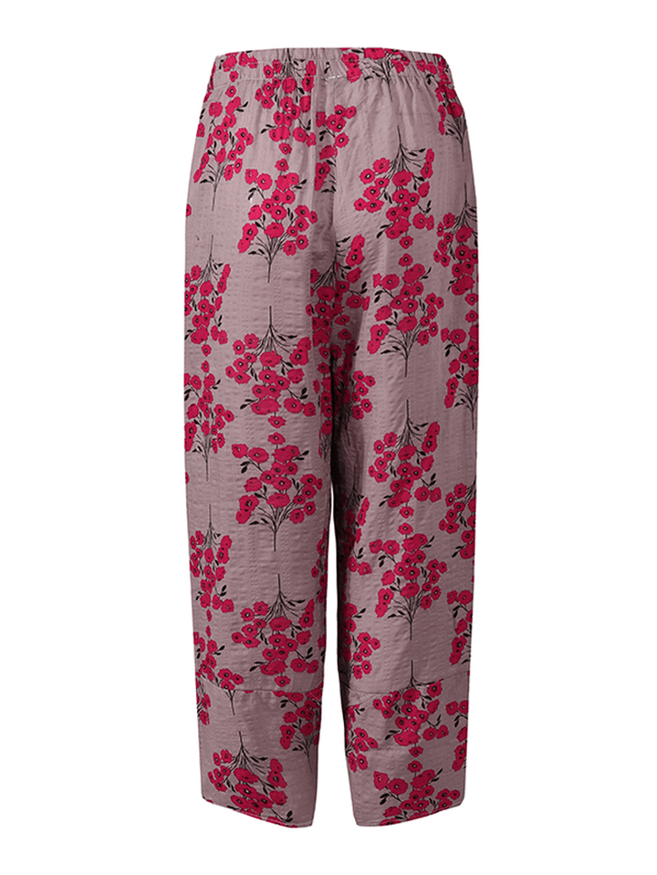 Women's Floral Print Casual Pants with Elastic Waist and Side Pockets