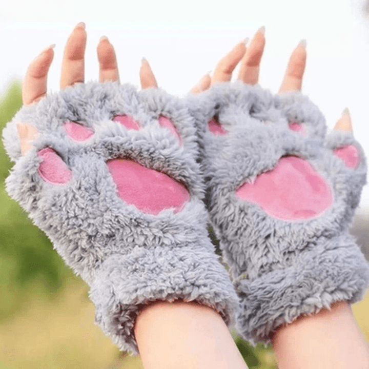 Women Girls Fluffy Plush Bear Cat Paw Fingerless Gloves Paw Glove Winter Warm Mittens