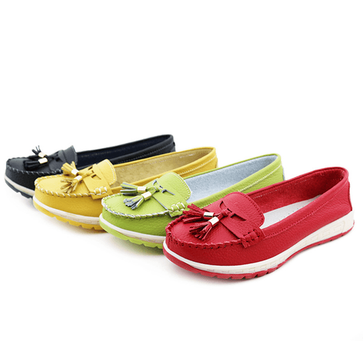 Casual Soft Leather Tassels Flat Shoes Slip on round Toe Loafer Shoes