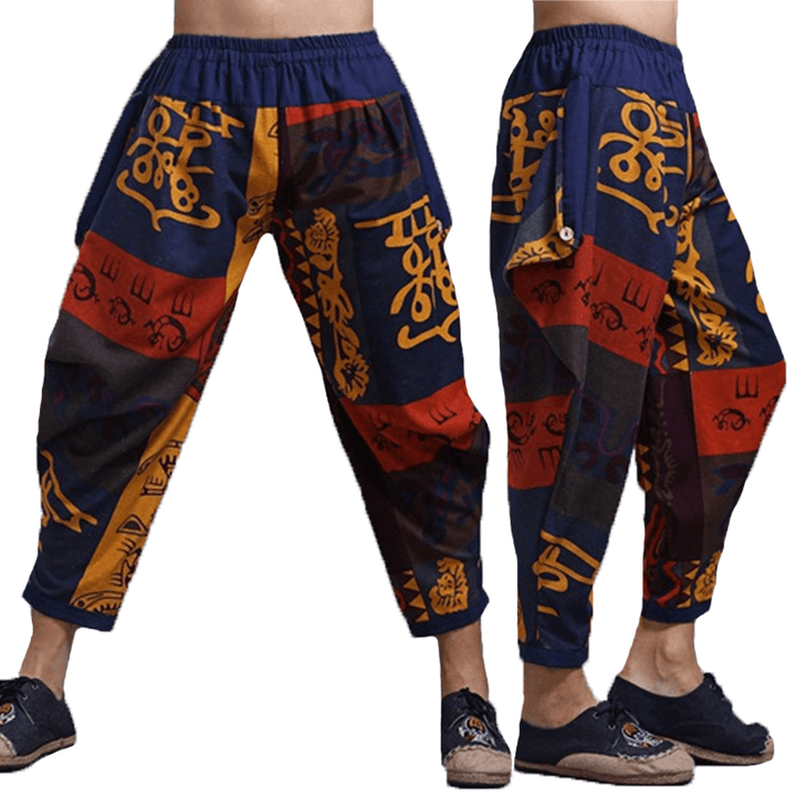 Mens Ethnic Printed Cotton Loose Baggy Bloomers Harem Pants