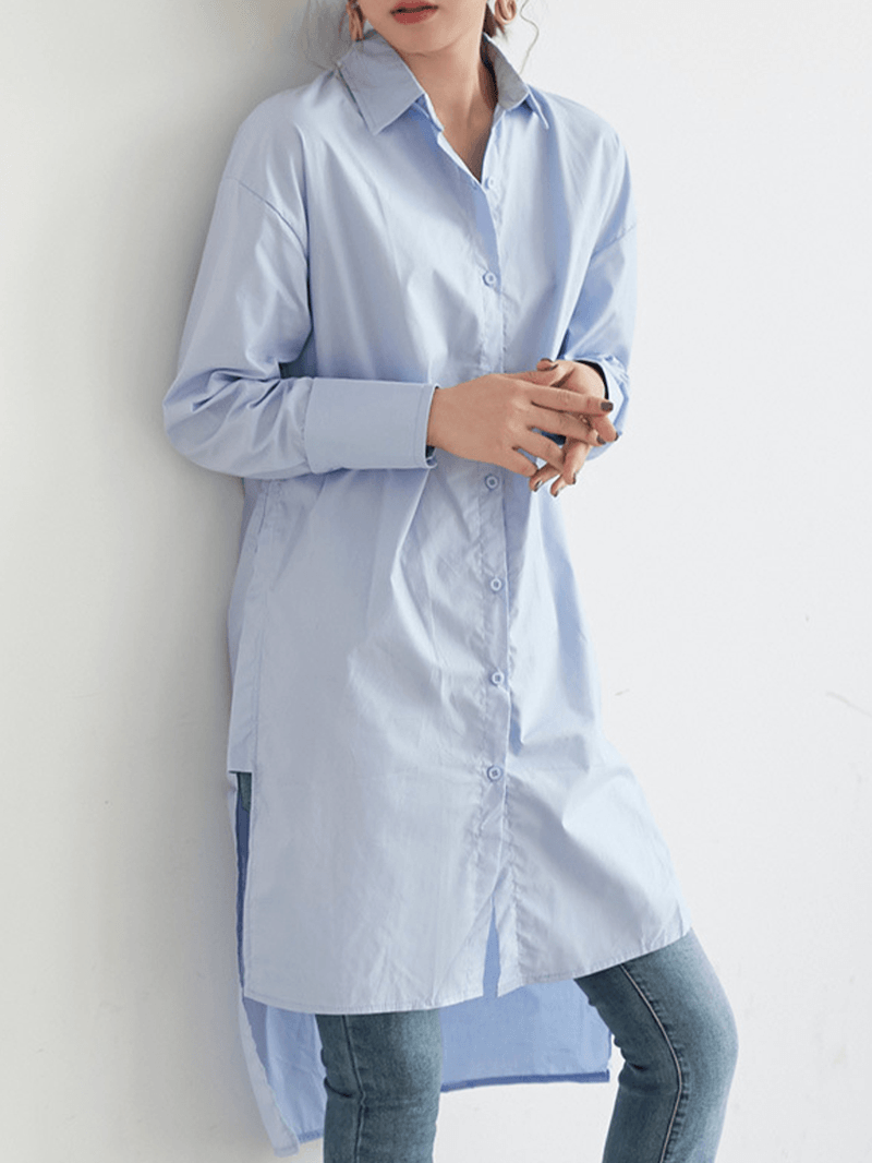 Solid Color Asymmetrical Hem Button Long Sleeve Casual Shirt for Women - MRSLM