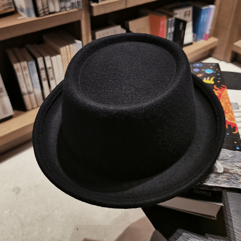 Men'S Woolen Hat with Curly Brim and Flat Top