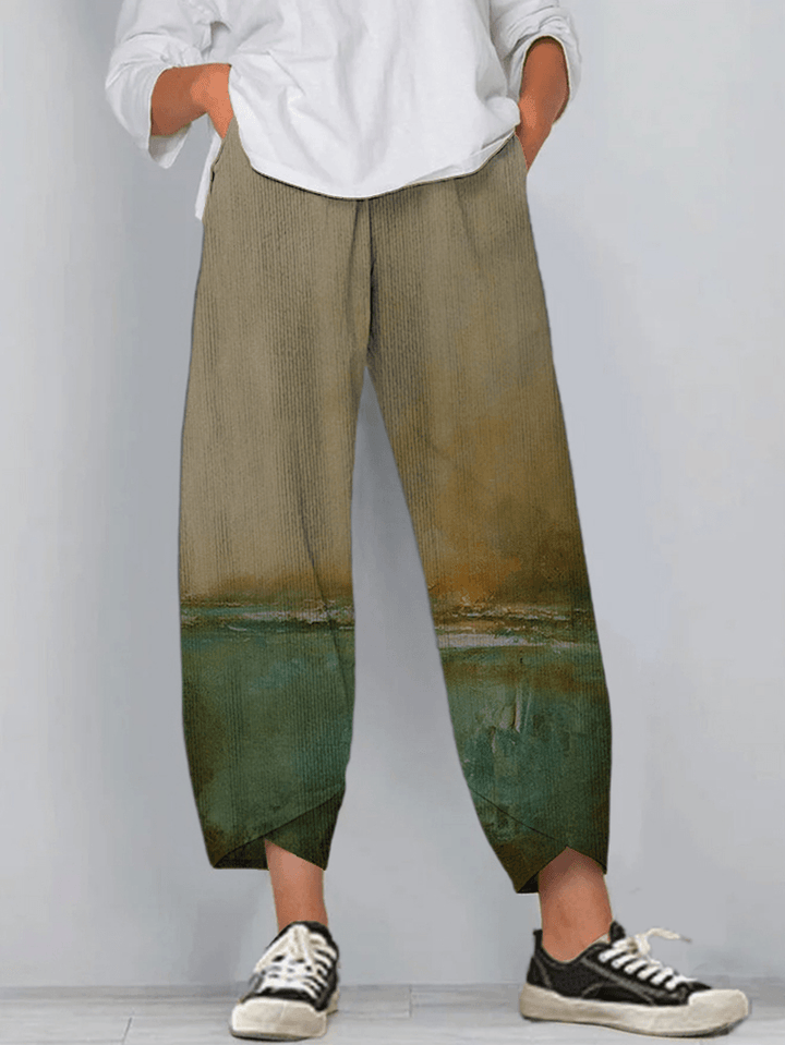 Women Landscape Print Corduroy Splited Elastci Waist Casual Harem Pants