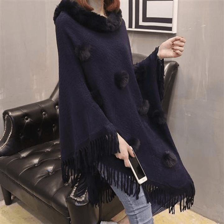 Loose Outer Wear Fur Collar Bat Shirt with Hand-Woven Tassels