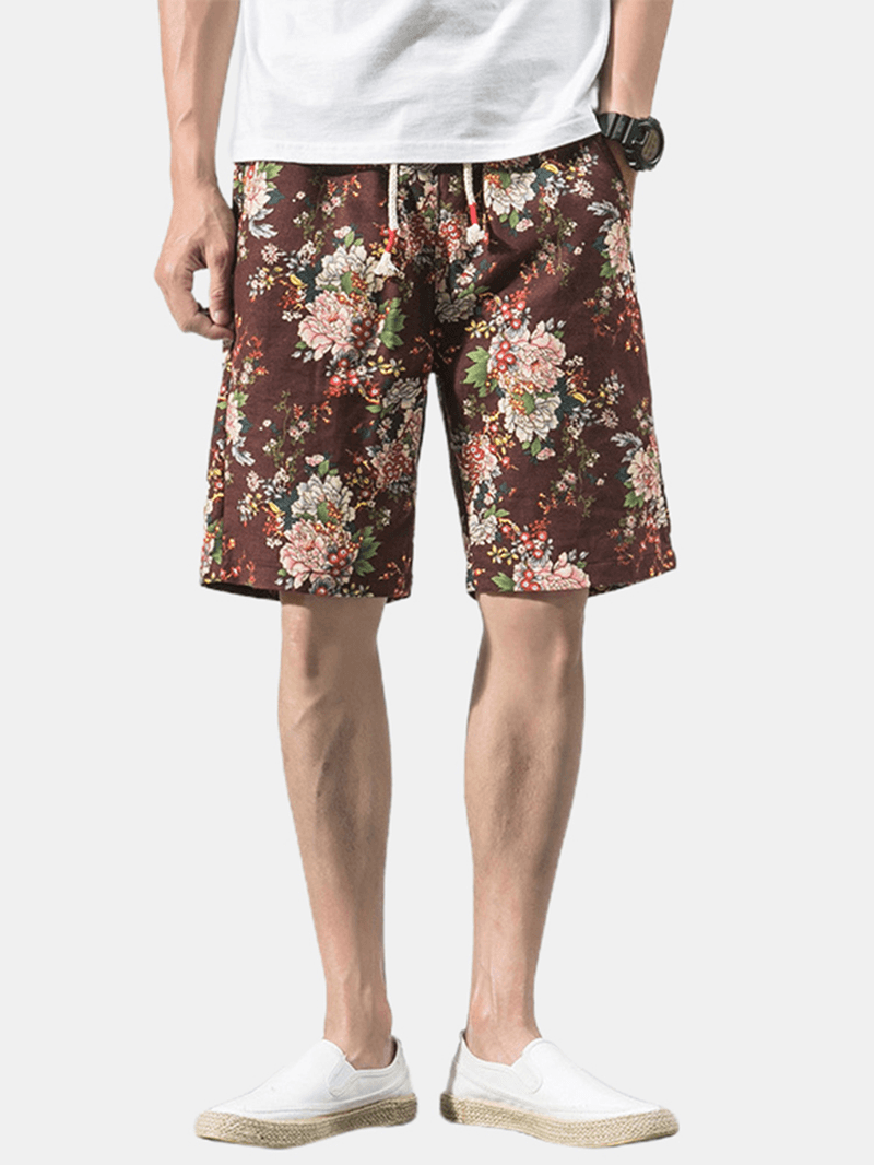 Cotton Mens Floral Print Pocket Drawstring Casual Shorts