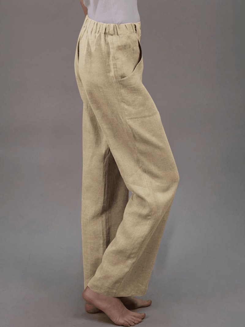 Women Solid Color Elastic Waist Button Loose Casual Pocket Pants