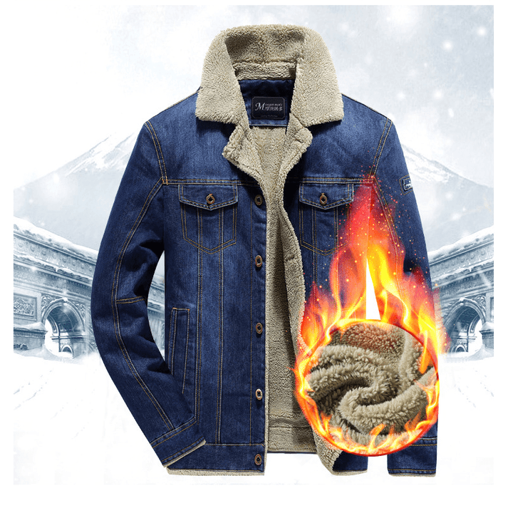 Mens Thick Warm Fleece Turn down Collar Winter Denim Jacket