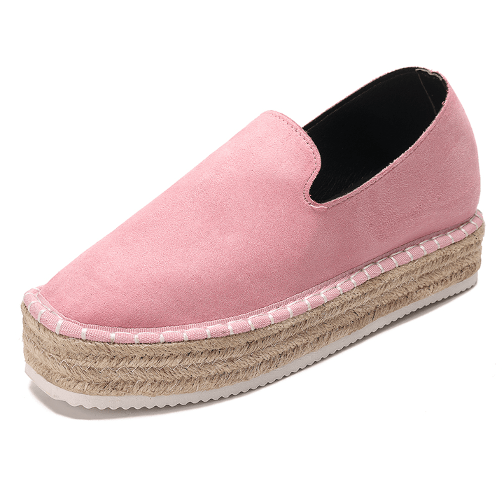 Women Suede Espadrilles Straw Braided Platform Loafers - MRSLM