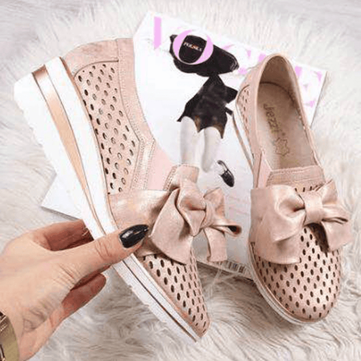 Women Breathable Hollow Butterfly Knot Wedges Loafers