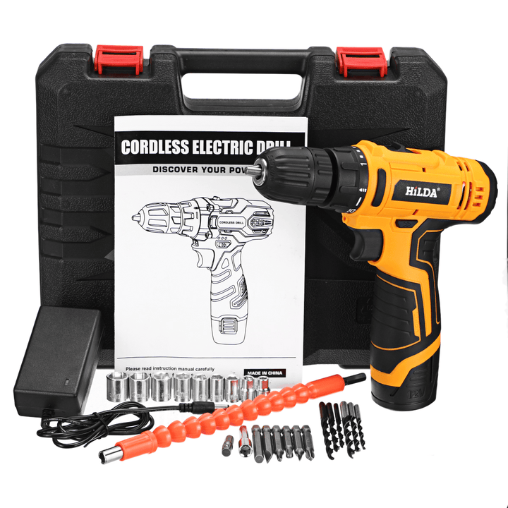 Hilda 12V Electric Drill Lithium Battery Hand Drill Driver Cordless Screw Driver Tool EU Plug