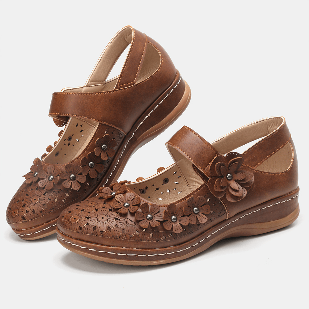 LOSTISY Women Comfy Flowers Hollow Hook Loop Flats