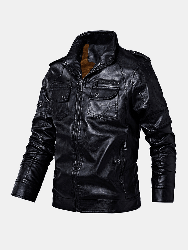 Mens Washed Vintage Multi-Pocket Zipper Lapel Winter Thicken PU Leather Jacket