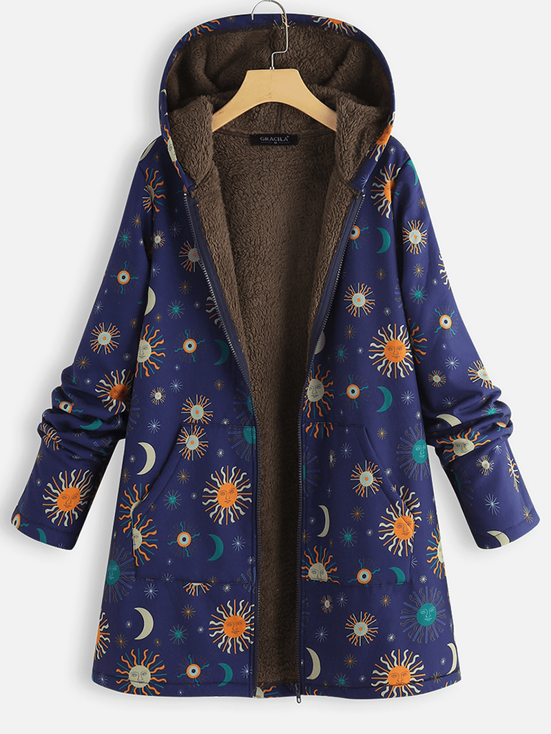 Casual Solor System Print Pockets Long Sleeve plus Fleece Coats