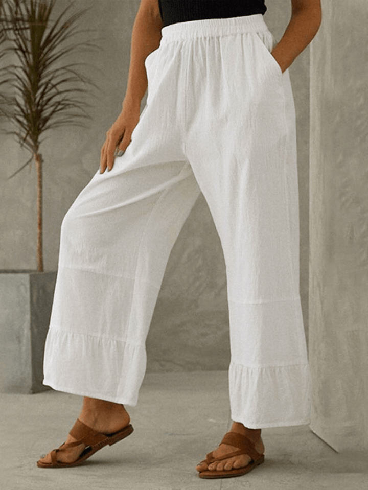 Women Cotton Plain Ruffle Cuff Elastic Waist Loose Casual Solid Wide Leg Pants