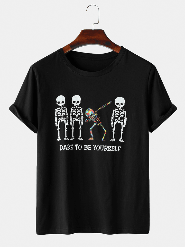 Mens Design Slogan Print Skeleton Pattern Short Sleeve T-Shirts