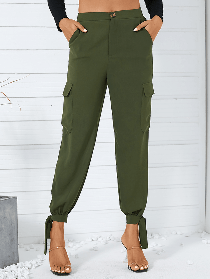 Women Solid Color Casual High Waist Jogger Pants with Pocket - MRSLM