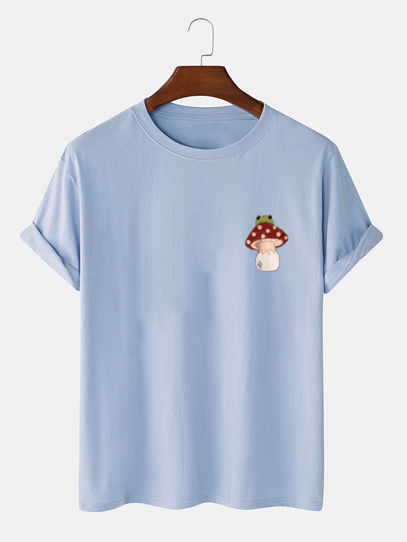 Mens 100% Cotton Mushroom Chest Print Short Sleeve T-Shirts