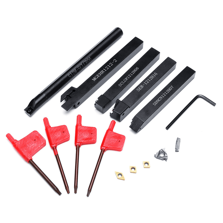 5Pcs 12Mm Shank Turning Tool Holder Set with Inserts Blade Wrench for Bench Lathe CNC