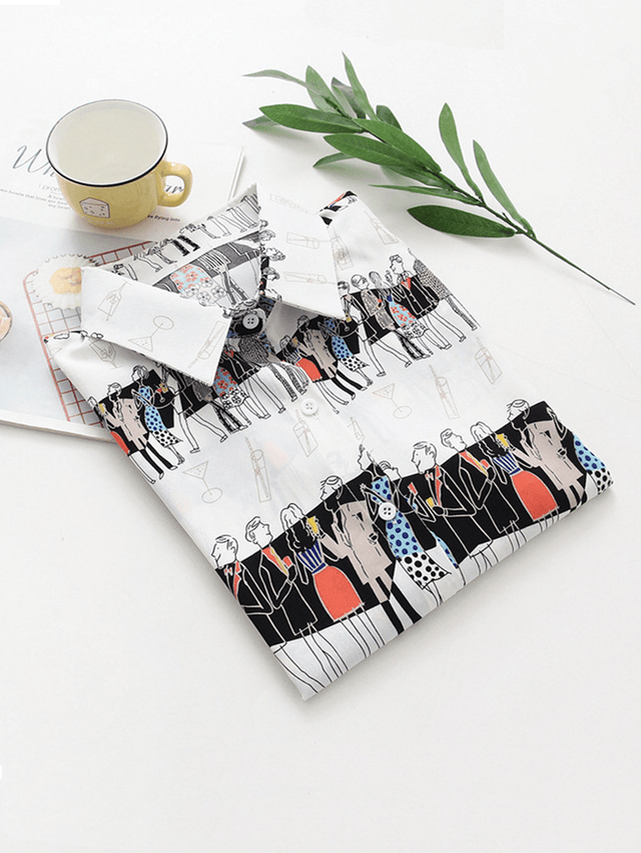 Women Funny Cartoon Printed Lapel Collar Long Sleeve Shirts