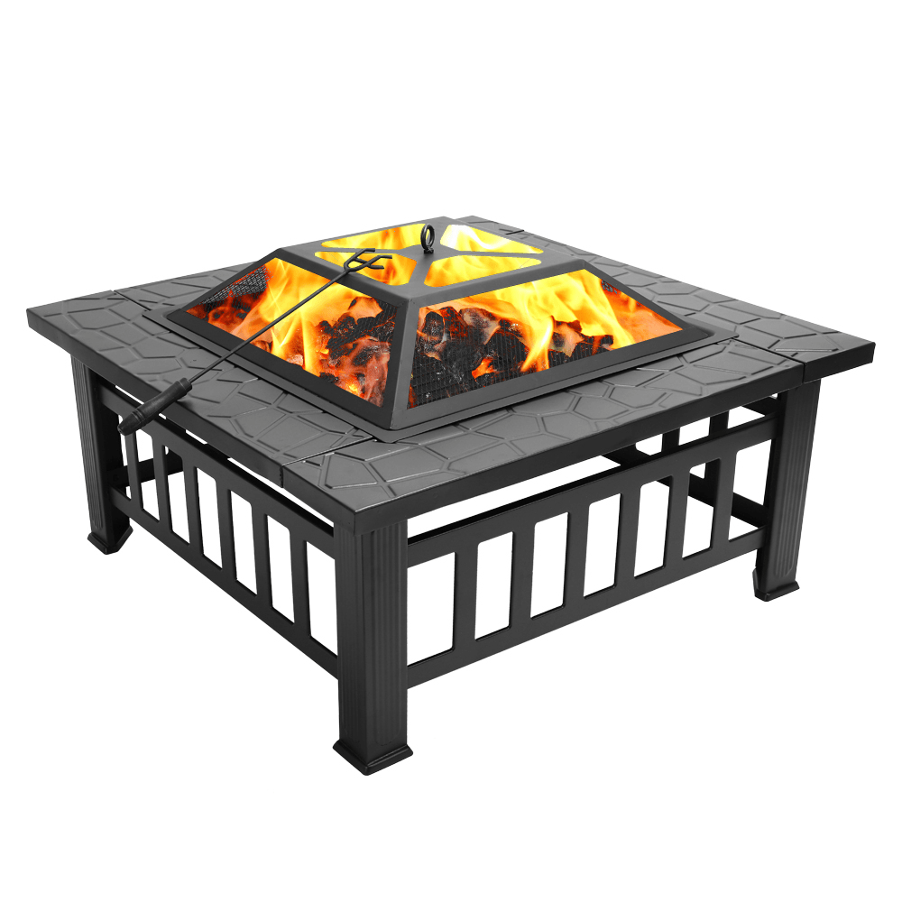 Outdoor Portable 32'' Metal Fire Pits Camping BBQ Square Table Backyard Patio Garden Stove Wood Burning Fireplace