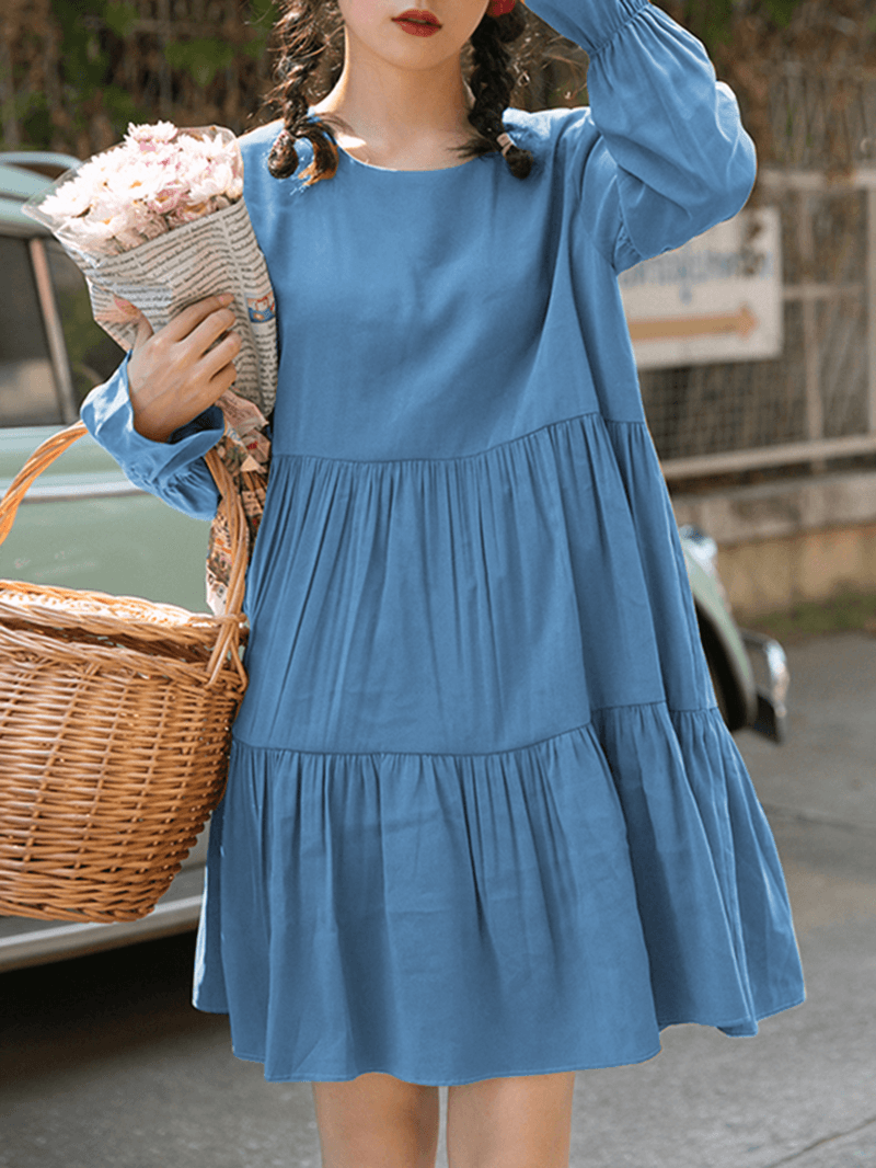 Women Cotton Solid Color Pleats O-Neck Long Sleeve Casual Dress