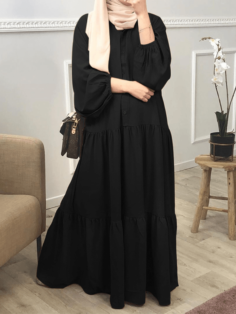 Women Solid Color Button down Front Puff Sleeve Kaftan Robe Maxi Dress