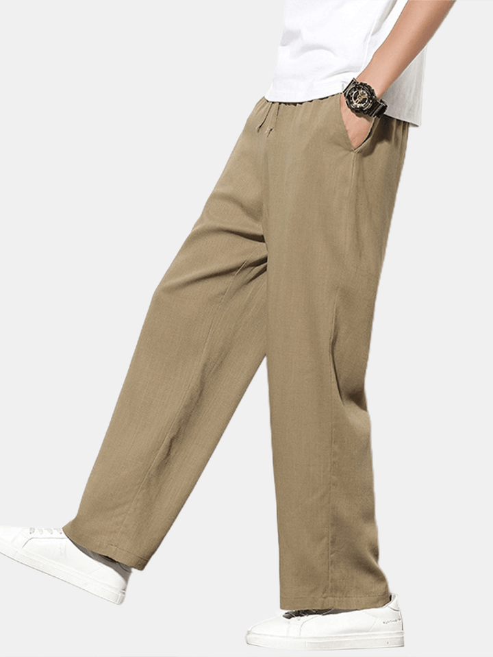 Cotton Mens Solid Color Drawstring Loose Wide Leg Pants with Pocket