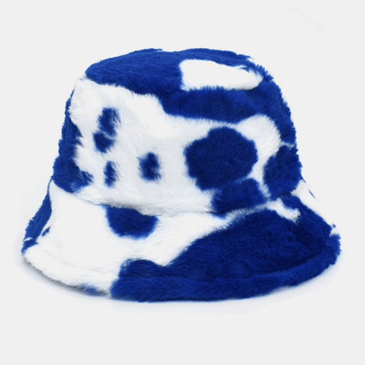 Unisex Lamb Hair Soft Warm Casual All-Match Cute Cow Pattern Bucket Hat - MRSLM