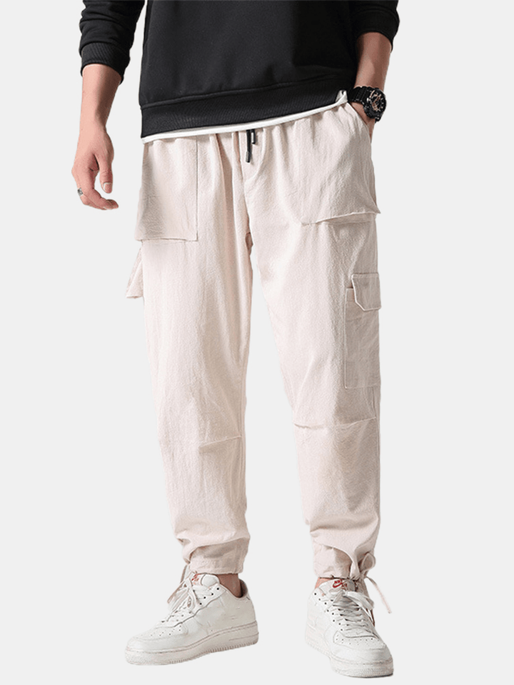 Mens Black Loose Drawstring Elastic Waist Multi Pocket Casual Pants