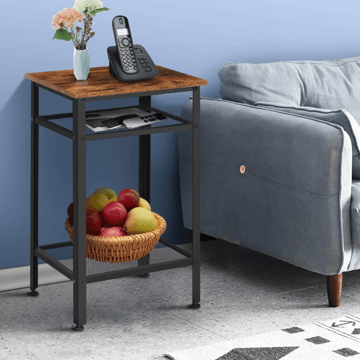 Nightstand End Table Sturdy Matte-Black Steel Frame Anti-Scratch and Rust-Free Tall Wood Accent End Tables for Bedroom Living Room