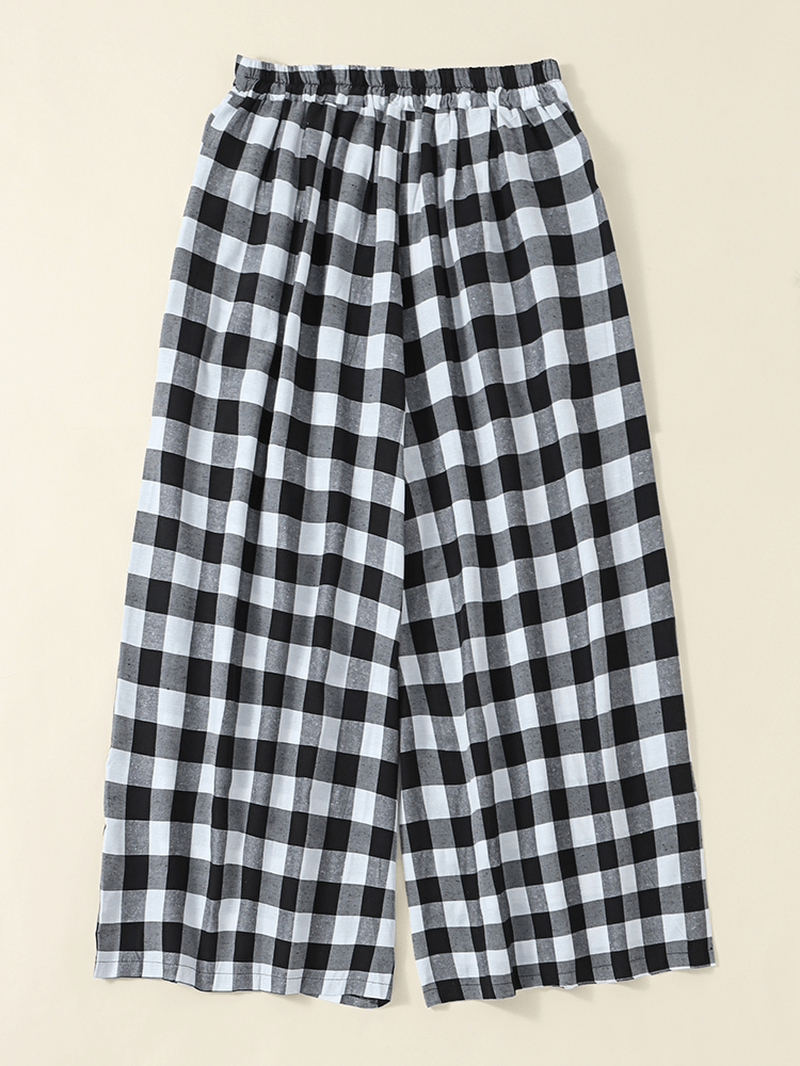 Women Plaid Wide-Legged Side Pocket Elastic High Waist Ankle Length Palazzos Pants